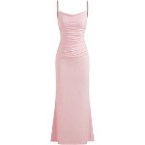 Women Maxi Dress Slim Fit Cowl Neck Backless Ruched Evening Gown